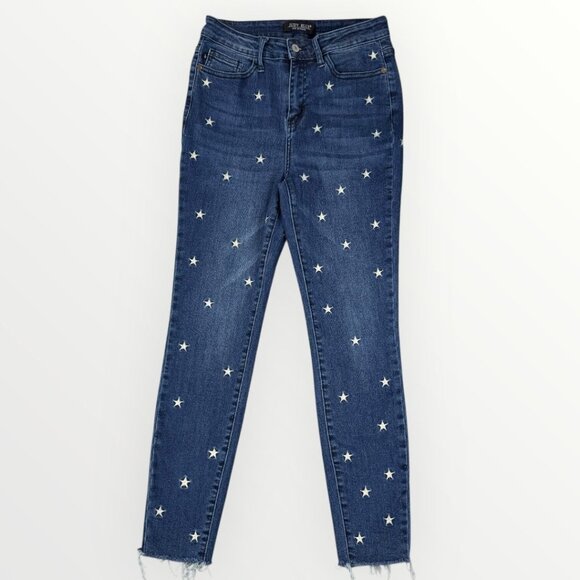 JUDY BLUE Skinny Fit Star Embroidered Womens High Waist Stretch Frayed Jeans - Picture 1 of 11